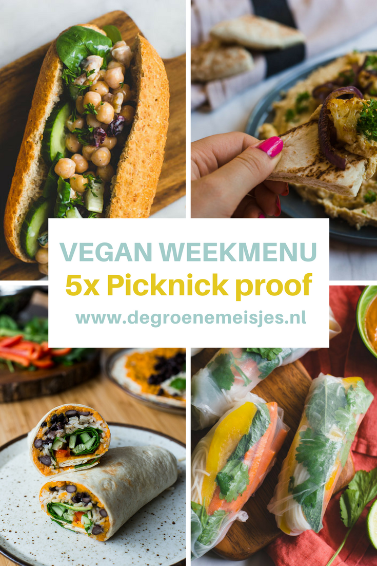 5 vegan picknick proof gerechten van De Groene Meisjes met o.a. Summerrols, Wraps, pastasalade, Hummus met broodjes en groenten om te dippen, broodjes met beleg