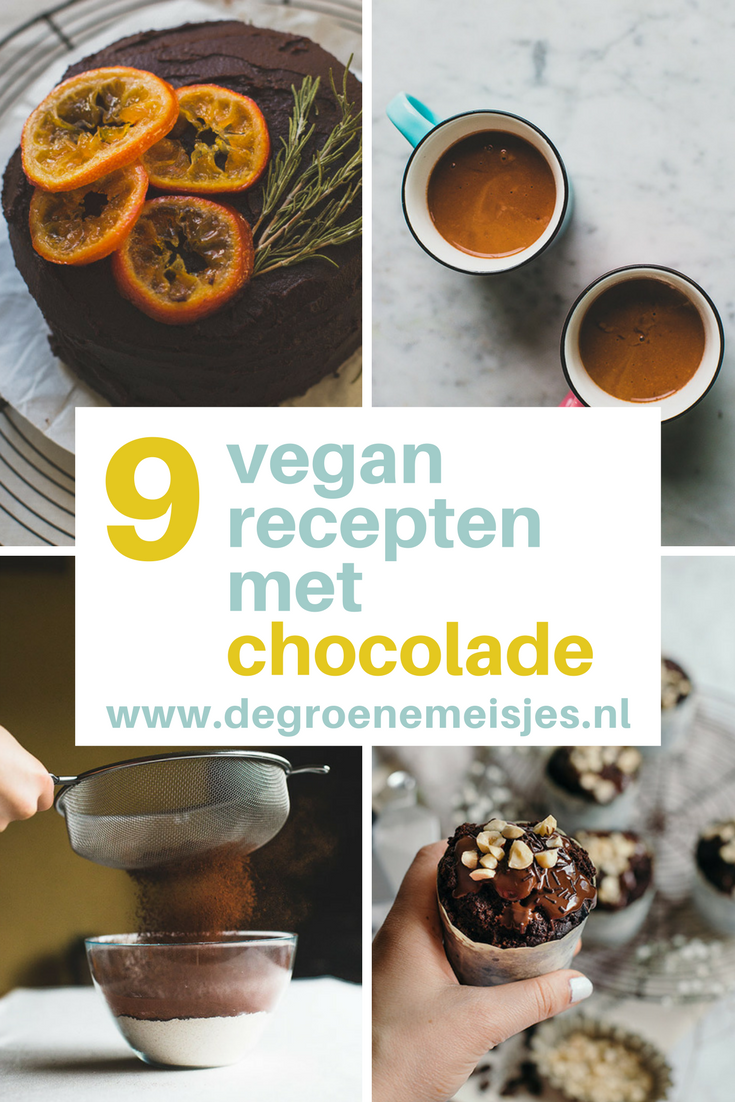 9 vegan recepten met chocolade van de groene meisjes. Voor chocolademelk, muffins, cake, chocolade mousse, amandelen, ijsjes brownies en nog veel meer.