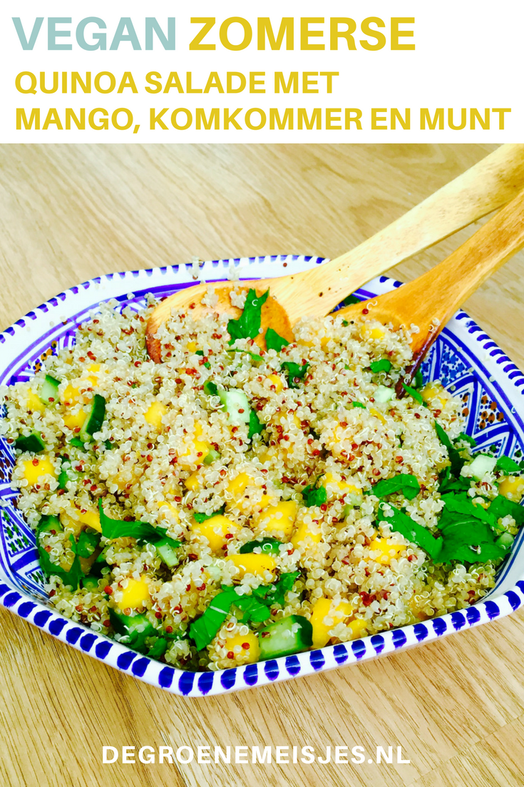 Vegan recept voor zomerse quinoa salade met mango, komkommer en munt. Door gastblogger Sanne van www.hetgrotegroenegeluk.nl