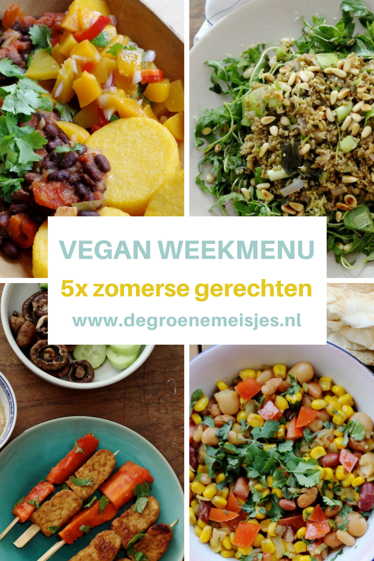 Recepten vegan weekmenu met vijf lekkere, lichte en zomerse gerechten zoals couscous met muntpesto en risotto van freekeh met bosui en postelein #weekmenu #vegan #veganistisch